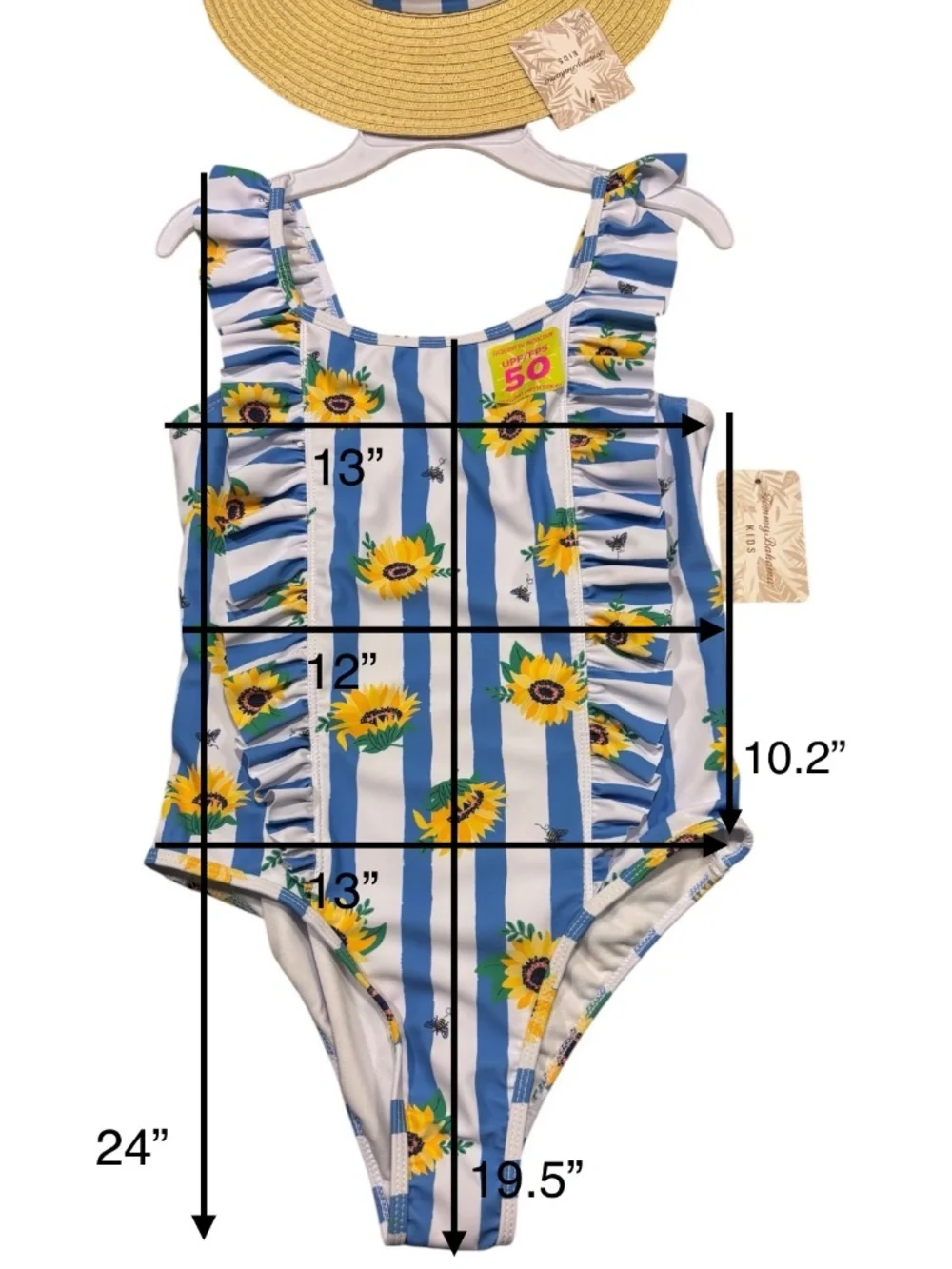 Tommy Bahama Kids Sunflower Stripe Ruffle One-Piece Swimsuit & Matching Hat NWT